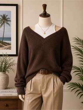 Elan Ashtin Sweater Oversized Brown White Cozy V-Neck‎ Women's Sweater SZ XL NWT